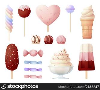 Sweet lollipops. Ice cream, popsicle and sweets. Creamy dessert in waffle cone. Isolated candy, liquid chocolate. Delicious food swanky vector set. Summer ice cream on stick illustration. Sweet lollipops. Ice cream, popsicle and sweets. Creamy dessert in waffle cone. Isolated candy, liquid chocolate. Delicious food swanky vector set