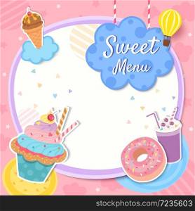 Sweet menu frame template design with cupcake dessert and milkshake on pink background.