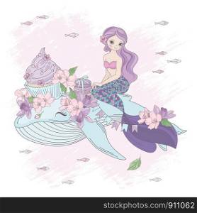 SWEET MERMAID Floral Princess Holiday Vector Illustration Set