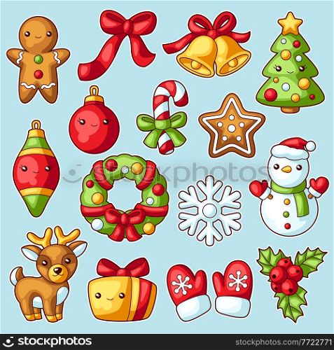 Sweet Merry Christmas set. Cute characters and symbols. Holiday background in cartoon style. Happy lovely celebration.. Sweet Merry Christmas set. Cute characters and symbols. Holiday background in cartoon style.