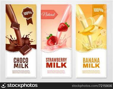 Sweet milk vertical realistic banners set with banana choco and strawberry milk isolated vector illustration . Sweet Milk Banners Set