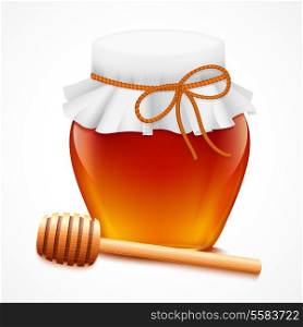 Sweet natural bee honey in glass jar with dipper emblem vector illustration