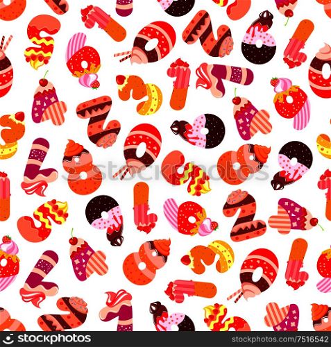 Sweet numbers seamless pattern with digits composed of tiered cakes and fruity desserts, chocolate cookies adorned by cream and fruits. Childish room interior or birthday celebration design. Cakes and cookies numbers seamless pattern