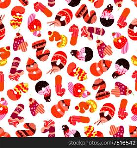 Sweet numbers seamless pattern with digits composed of tiered cakes and fruity desserts, chocolate cookies adorned by cream and fruits. Childish room interior or birthday celebration design. Cakes and cookies numbers seamless pattern