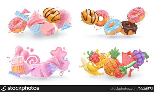 Sweet objects 3d vector cartoon. Cupcake, donuts, cake, fruits