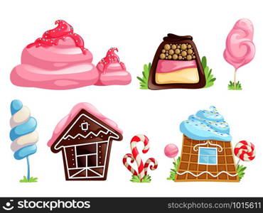 Sweet objects. Caramel chocolate candies fantasy elements for games cartoon desserts vector collection. Illustration of chocolate candy and dessert, caramel home for interface game. Sweet objects. Caramel chocolate candies fantasy elements for games cartoon desserts vector collection