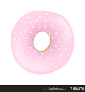 Sweet one pink donut with spotted icing and sprinkles isolated on white background. Vector illustration. Culinary, pastry, cake, cookie. For decoration. For blog, web, print, label, tag. Sweet one pink donut with spotted icing and sprinkles isolated on white background. Vector illustration.