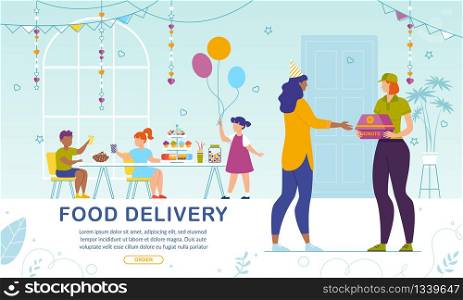 Sweet Pastry Delivery to Kids Party. Online Service Banner. Woman Mother Ordering Fresh Baked Donuts for Children on Birthday Celebration. Female Courier Delivering Confectionary. Vector Illustration