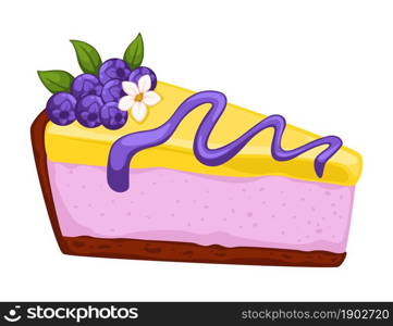 Sweet piece with blueberries, decorative leaves and flowers. Isolated portion served in restaurant, cafe or diner. Assortment of baked production in bakery or store. Dessert recipe. Vector in flat. Dessert cheesecake with blueberry and topping