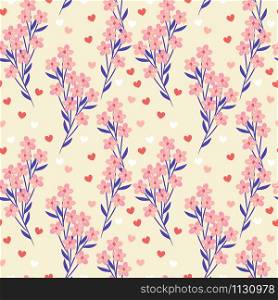 Sweet pink flowers and tiny heart background. Beautiful flowers seamless pattern.