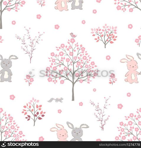 Sweet pink flowers blossom on springtime with cute rabbits,seamless pattern for decorative,kid product,fashion,fabric,wallpaper and all print