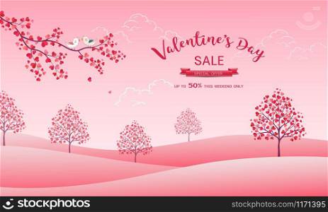Sweet pink landscape with garden of love,happy Valentine's day with trees and leaves on heart shape,design element for greeting card,gift voucher or invitation