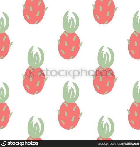 Sweet pitahaya hand drawn seamless pattern. Repeat background with exotic tropical asian fruits. Food print for textile, packaging, paper and design. Dragon fruit template vector illustration. Sweet pitahaya hand drawn seamless pattern