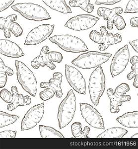 Sweet potato and ginger, organic veggies and spices seamless pattern. Turnip natural ingredient for dishes. Culinary recipes and healthy dishes. Monochrome sketch outline, vector in flat style. Ginger and sweet potato vegetables colorless seamless pattern