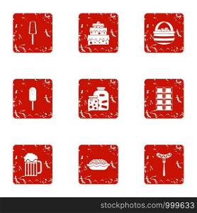 Sweet provision icons set. Grunge set of 9 sweet provision vector icons for web isolated on white background. Sweet provision icons set, grunge style