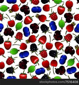 Sweet raspberry and strawberry, black currants and cherry, blackberry and gooseberry, blueberry and briar fruits seamless pattern. Colorful seamless pattern with sweet berries
