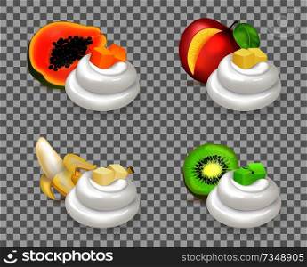 Sweet ripe fruits with delicious whipped cream set. Exotic papaya, juicy nectarine, tasty banana and sour kiwi in summer dessert vector illustrations.. Sweet Ripe Fruits and Delicious Whipped Cream Set