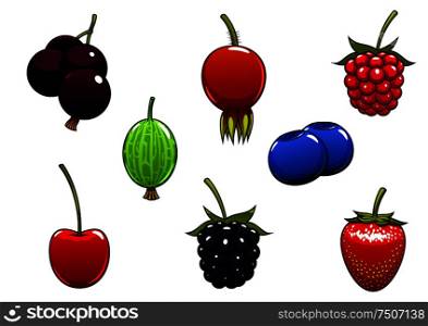 Sweet ripe strawberry, blackberry, raspberry, cherry, black currant, blueberry, gooseberry and briar fruits berries isolated on white background. Sweet ripe juicy isolated berries
