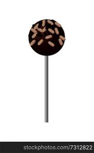 Sweet round lollipop chocolate. Delicious confectionery product on stick isolated cartoon flat vector illustration.. Sweet Strawberry Lollipop with Colorful Sprinkles