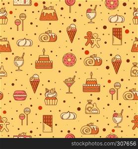 Sweet seamless pattern with cupcakes, candy, lollipop and other bakery foods. Vector illustration. Pattern with assortment sweet nutrition, bake and cake, taste and sweet cupcake. Sweet seamless pattern with cupcakes, candy, lollipop and other bakery foods. Vector illustration