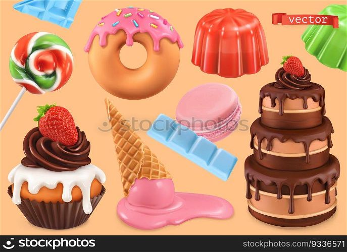 Sweet set. 3d vector realistic objects. Cupcake, cake, donuts, jelly, ice cream, candy. Food icons