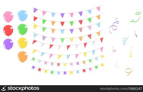 Sweet set color balloons, flag confetti concept design template holiday Happy Day, background Celebration Vector illustration.