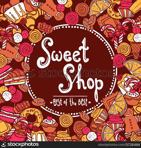 Sweet shop background with sketch cookies chocolate doughnut cupcake vector illustration