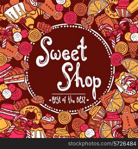 Sweet shop background with sketch cookies chocolate doughnut cupcake vector illustration