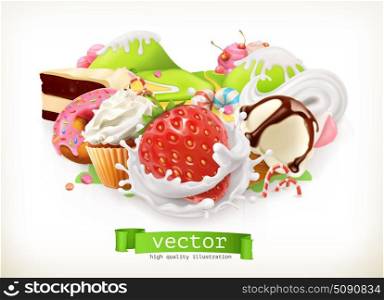 Sweet shop. Confectionery and desserts, Strawberry and milk, ice cream, whipped cream, cake, cupcake, candy. 3d vector illustration