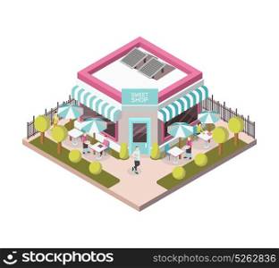 Sweet Shop Outside View Isometric Illustration. Sweet shop outside view with street tables near store building, staff and clients, lawn isometric vector illustration
