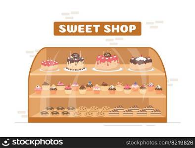 Sweet Shop Selling Various Bakery Products, Cupcake, Cake, Pastry or Candy on Flat Cartoon style Hand Drawn Templates Illustration