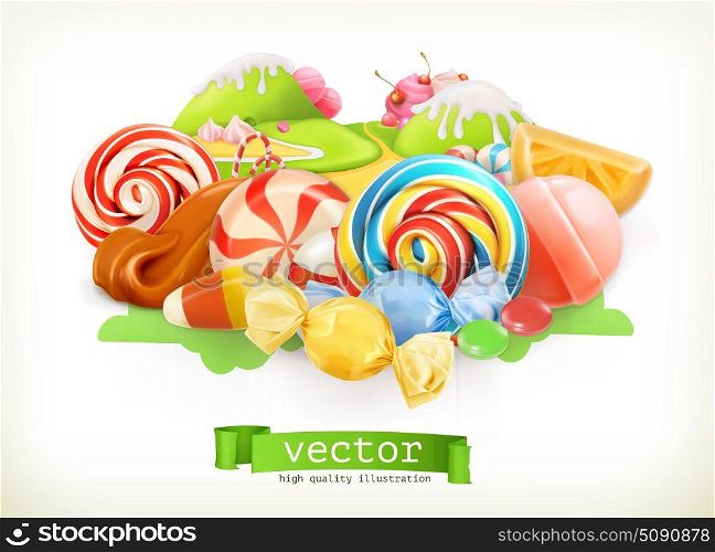 Sweet shop. Swirl candy, lollipop, caramel. Candy land. 3d vector illustration