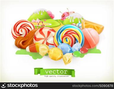 Sweet shop. Swirl candy, lollipop, caramel. Candy land. 3d vector illustration