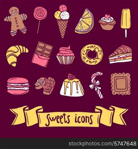 Sweet sketch decorative icon set with ginger man icecream marmalade isolated vector illustration