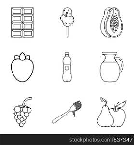 Sweet snack icons set. Outline set of 9 sweet snack vector icons for web isolated on white background. Sweet snack icons set, outline style