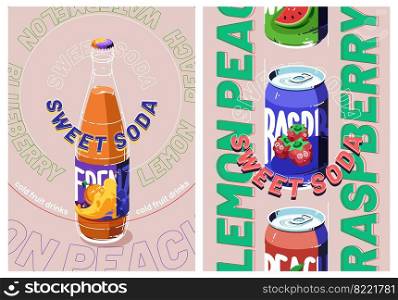 Sweet soda ad posters with bottle and tin can of lemon, raspberry or watermelon cold drinks. Fresh juice or fruit water advertisement c&aign, beverage promo background, line art vector illustration. Sweet soda ads with drink in bottle and tin can