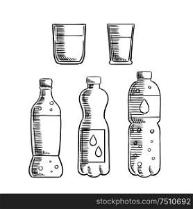 Sweet soft drink, non-carbonated and carbonated mineral water in plastic bottles and two glasses sketch icons. For drink and beverage design. Soda, glasses and mineral water bottles sketch