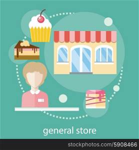 Sweet store concept in flat design with seller near chocolate muffins donuts cakes and candies. Sweet store concept