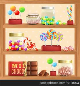 Sweet store shelf with bonbons chocolate and lollipops vector illustration. Sweet Store Shelf