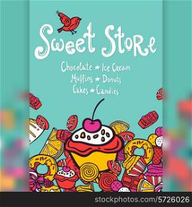 Sweet store with chocolate ice cream muffins donuts cakes and candies background vector illustration