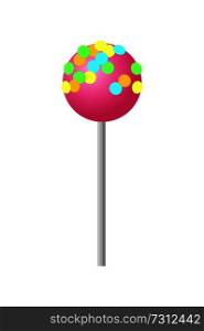 Sweet strawberry round lollipop with colorful sprinkles on top. Delicious confectionery product on stick isolated cartoon flat vector illustration.. Sweet Strawberry Lollipop with Colorful Sprinkles