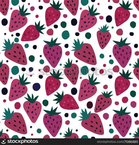 Sweet strawberry seamless pattern on a white background. Summer fruit hand drawn strawberries wallpaper. Template for kitchen design, package, home textile. Vector illustration. hand drawn strawberry with leaves and dot seamless pattern