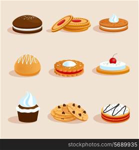 Sweet sugar chocolate biscuit cookies decorative icons set with cream and cherry decoration isolated vector illustration