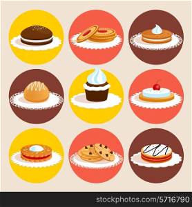 Sweet sugar delicious dessert food vanilla and chocolate cookies colored decorative icons set isolated vector illustration
