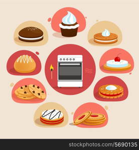 Sweet sugar tasty food cookies bakery decorative icons set with oven in the middle isolated vector illustration
