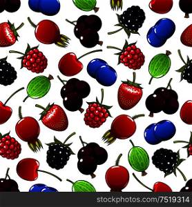 Sweet summer berry and fruit seamless pattern background with strawberry, cherry, raspberry, blueberry, blackcurrant, gooseberry, blackberry and briar fruits. Sweet summer berry and fruit seamless pattern