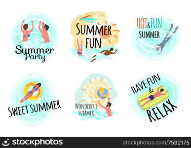 Sweet summer hot and fun vector, man laying on mattress and woman on lifebuoy. Male scuba diving, people swimming in water, person with ball waterpolo. Sweet Summer People by Seaside Relaxing by Sea