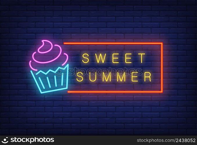 Sweet summer neon text in frame with ice-cream. Seasonal offer or sale advertisement design. Night bright neon sign, colorful billboard, light banner. Vector illustration in neon style.