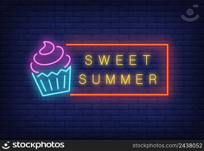Sweet summer neon text in frame with ice-cream. Seasonal offer or sale advertisement design. Night bright neon sign, colorful billboard, light banner. Vector illustration in neon style.