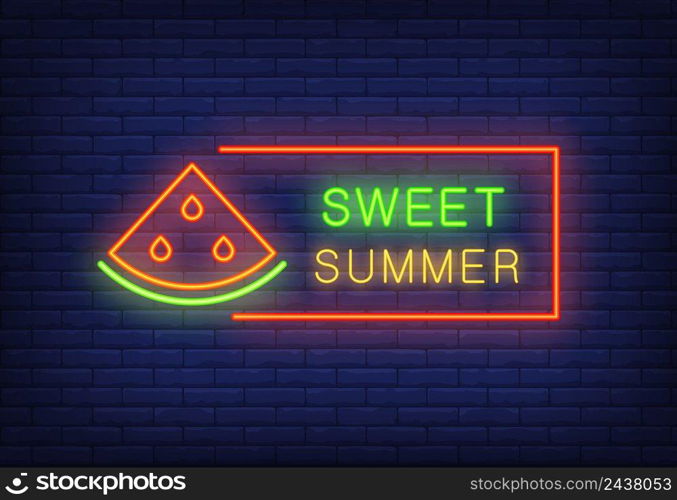 Sweet summer neon text in frame with watermelon slice. Seasonal offer or sale advertisement design. Night bright neon sign, colorful billboard, light banner. Vector illustration in neon style.